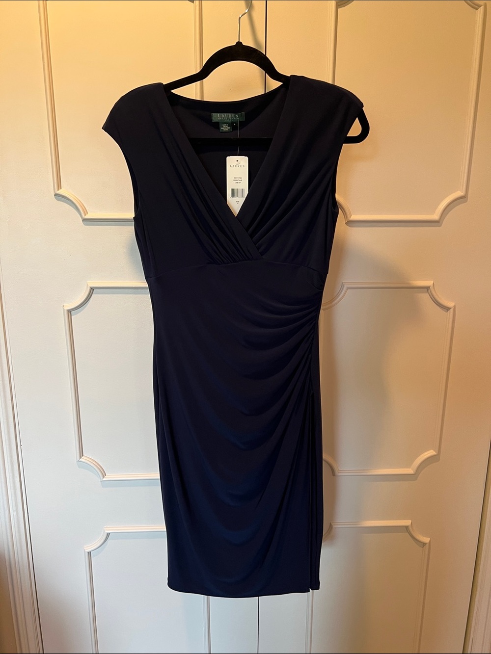 Lauren Ralph Lauren Navy Cap-Sleeve Faux-Wrap Midi Dress
